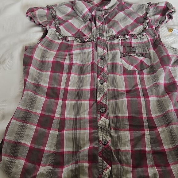 H&M Cotton Button-Down Short Sleeves Ruffled Shirt Hot Pink & Military Green 8 - Picture 15 of 16